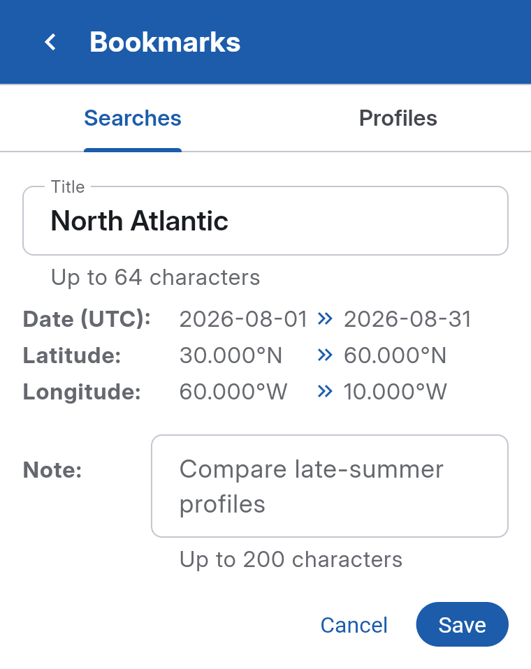 Editing a bookmark with Title and Note fields and Save and Cancel buttons